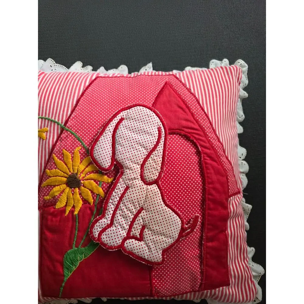 Vintage Homemade Sewn Embroidered Puppy Pillow Red Eyelet Lace Nursery Polka Dot
